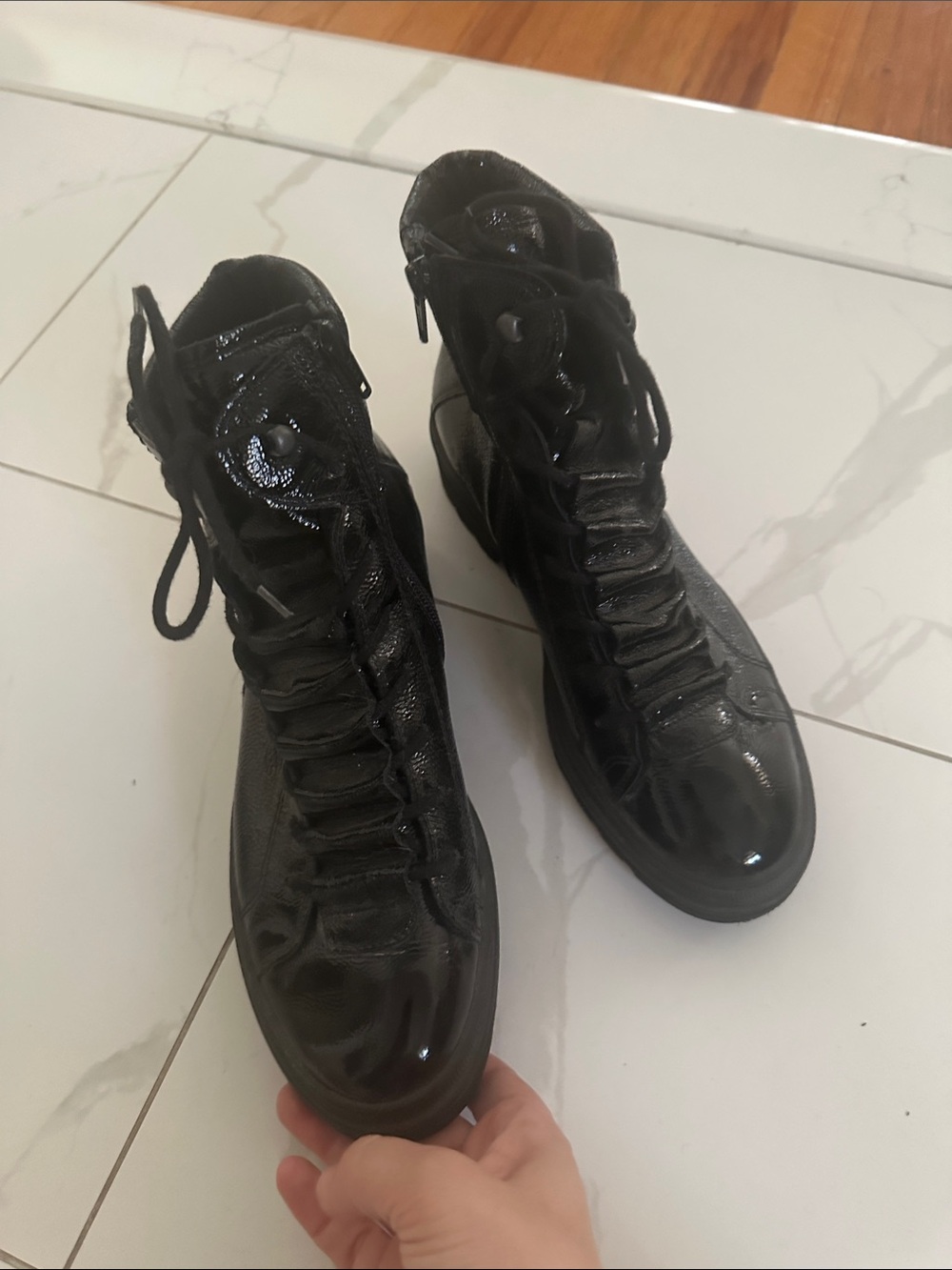 $499 Paul Green Combat Boot Black Patent Leather Merino Wool Austria Shoes 9.5
